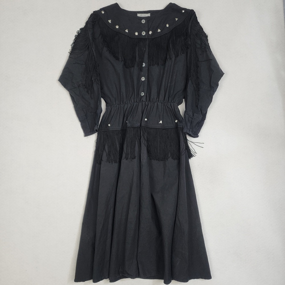 Vintage Lilia Smitty Midi Dress Womens 11/12 Black Studded Fringe Detail Western